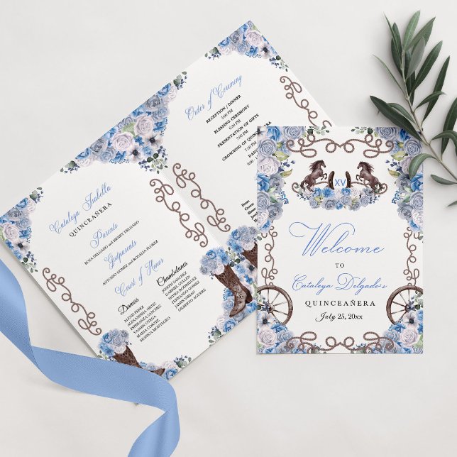 Blue Western Charro Quinceañera Program Invitation (Creator Uploaded)