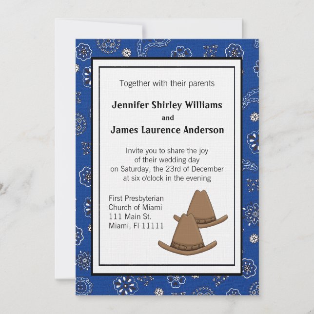 Blue Western Cowboy Hat Wedding Invitation (Front)
