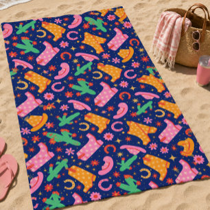 Blue Western Cowgirl Boots Cactus Floral Beach Towel