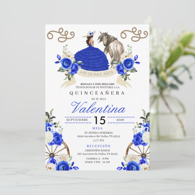 Blue Western Fairytale Wagon Wheels Quinceañera Invitation (Standing Front)