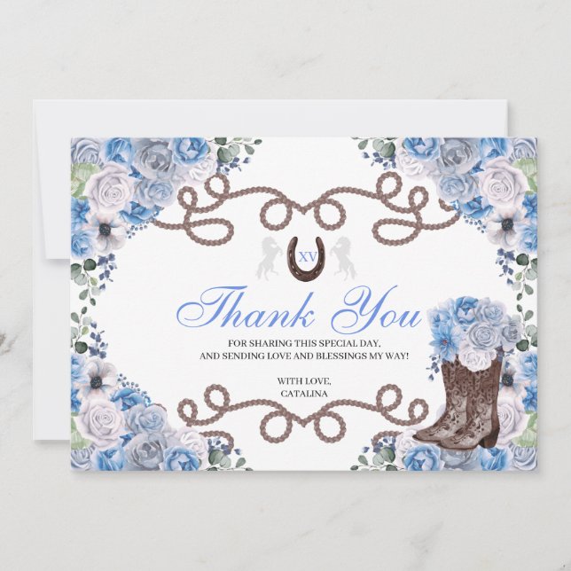 Blue Western Horse Quinceanera Thank You Card (Front)