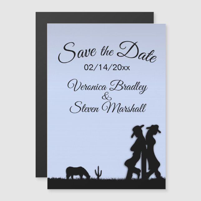 Blue Western Theme Save the Date Magnetic Invitation (Front/Back)