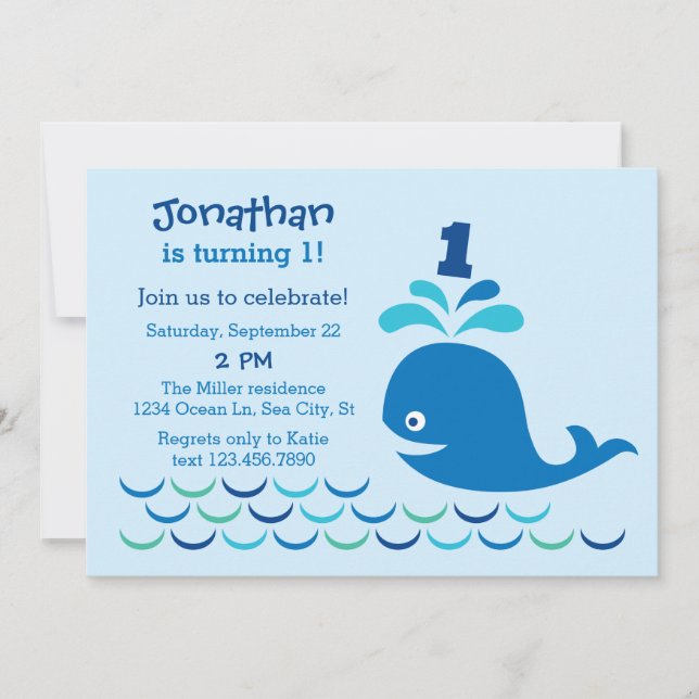 Blue Whale 1st Birthday Invitation (Front)