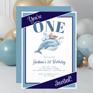 Blue Whale 1st Birthday Party Invitation