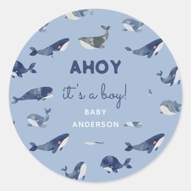 Blue Whale AHOY It's a Boy Baby Shower Classic Round Sticker (Front)