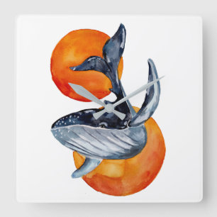Blue Whale and Golden Balls Square Wall Clock