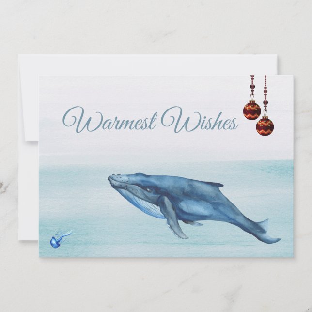 Blue Whale and Jellyfish Warmest Wishes Beach Holiday Card (Front)