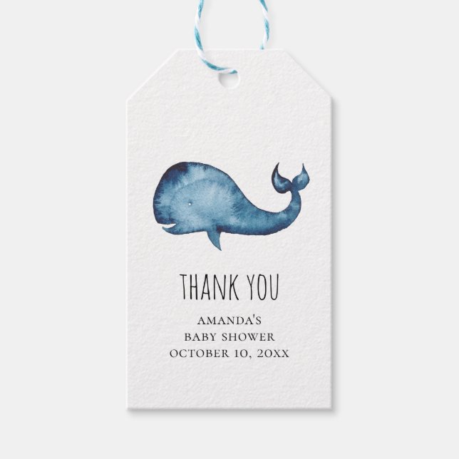 Blue whale baby shower thank you. Watercolor navy Gift Tags (Front)
