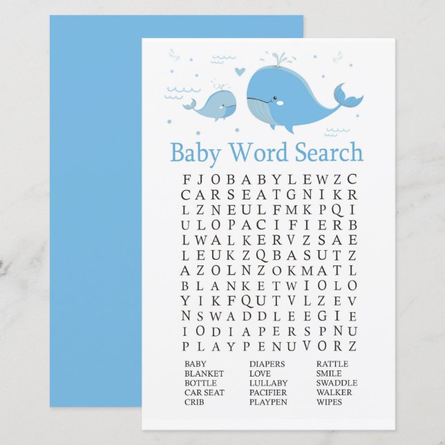 Blue Whale Baby Shower Word Search Game (Front/Back)