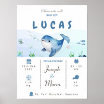 Blue whale Birth Stats Keepsake Nursery poster
