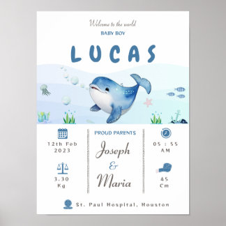 Blue whale Birth Stats Keepsake Nursery poster