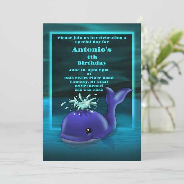 Blue Whale Birthday Party  Invitation (Standing Front)