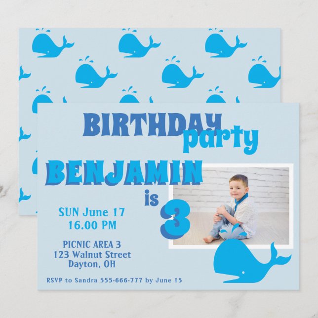 Blue Whale Boys Photo Birthday Party Invitation (Front/Back)
