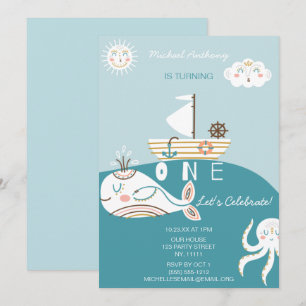 Blue Whale First Birthday Invitation