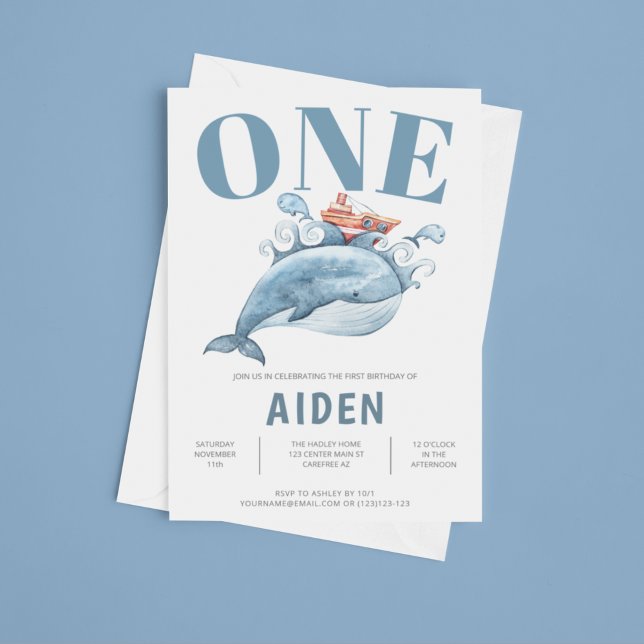 Blue Whale First Birthday Party Invitation (Creator Uploaded)