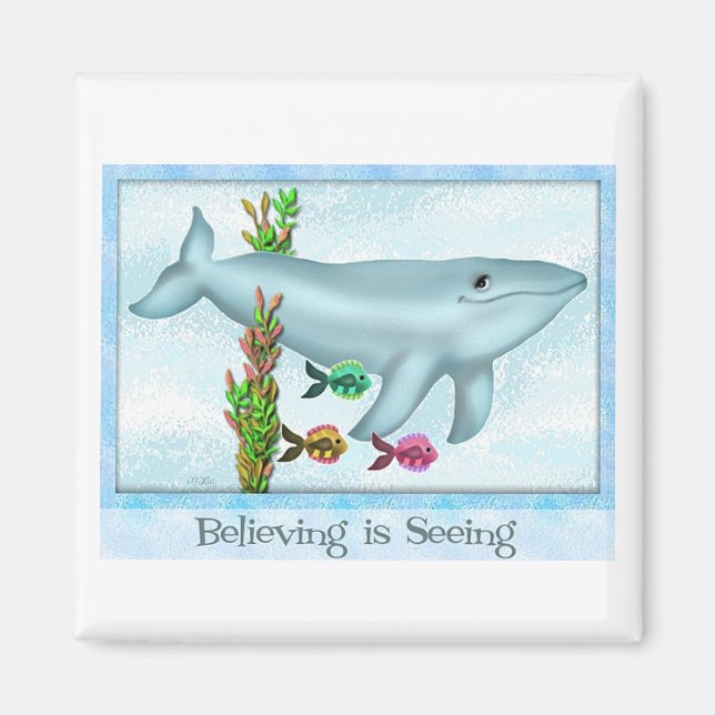 Blue Whale & Fish Friends Square Magnet (Front)