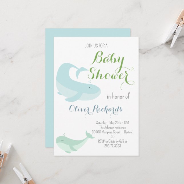 Blue Whale Green Pastel Ocean Fish Baby Shower  Invitation (Front/Back In Situ)