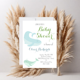 Blue Whale Green Pastel Ocean Fish Baby Shower Invitation