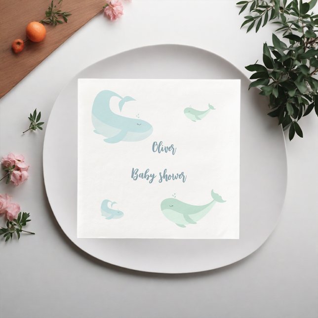 Blue Whale Green Pastel Ocean Fish Baby Shower Napkin (Creator Uploaded)