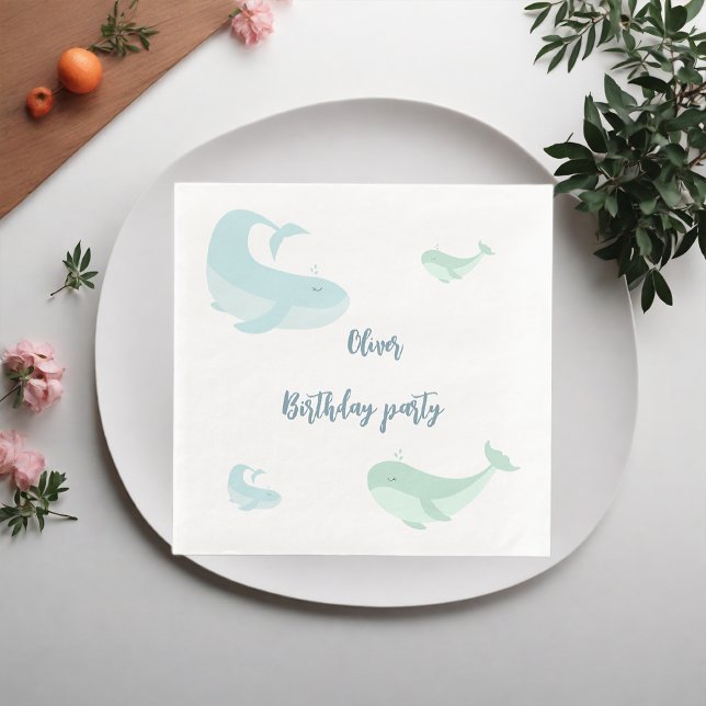 Blue Whale Green Pastel Ocean Fish Birthday  party Napkin (Creator Uploaded)