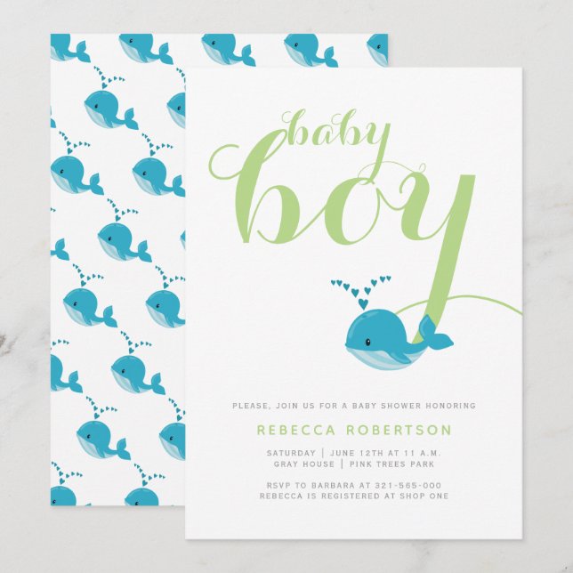 Blue whale green typography baby boy shower invitation (Front/Back)