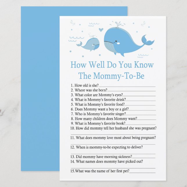 Blue Whale How well do you know baby shower game (Front/Back)