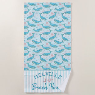 Blue Whale Nautical Beach House Personalised Ocean Beach Towel