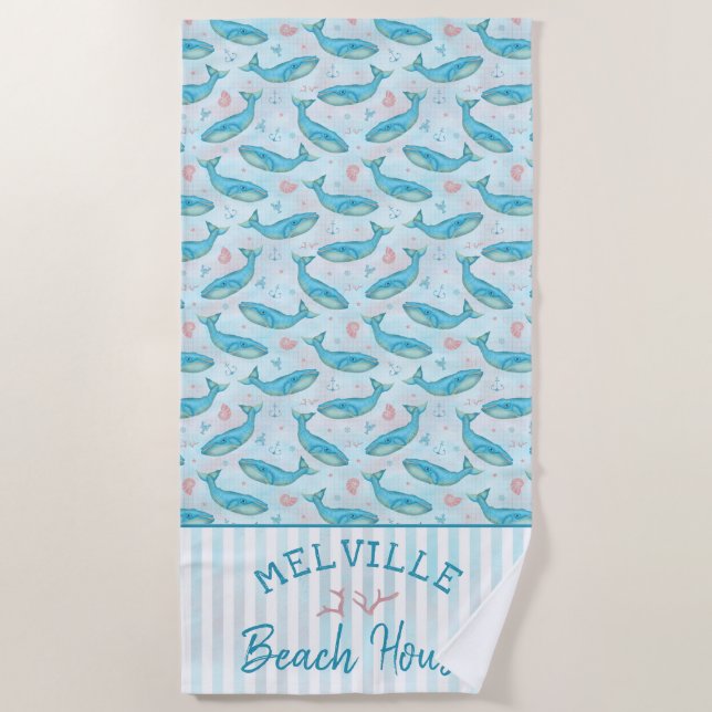 Blue Whale Nautical Beach House Personalised Ocean Beach Towel (Front)