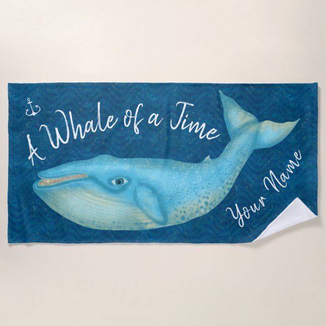 Blue Whale Nautical Beach Time Personalised Ocean Beach Towel (Front)