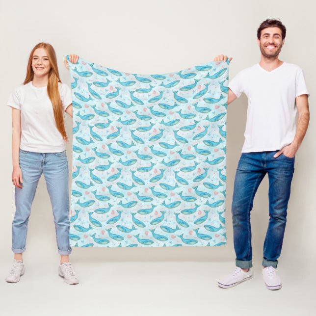 Blue Whale Nautical Ocean Beach House Cute Sea Fleece Blanket (In Situ)