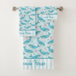 Blue Whale Nautical Ocean Shells | Custom Beach Bath Towel Set