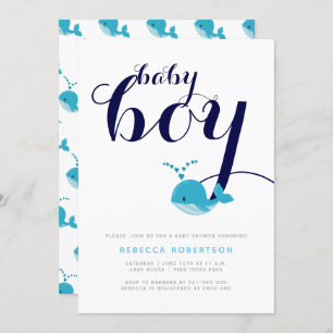 Blue whale navy typography baby boy shower invitation