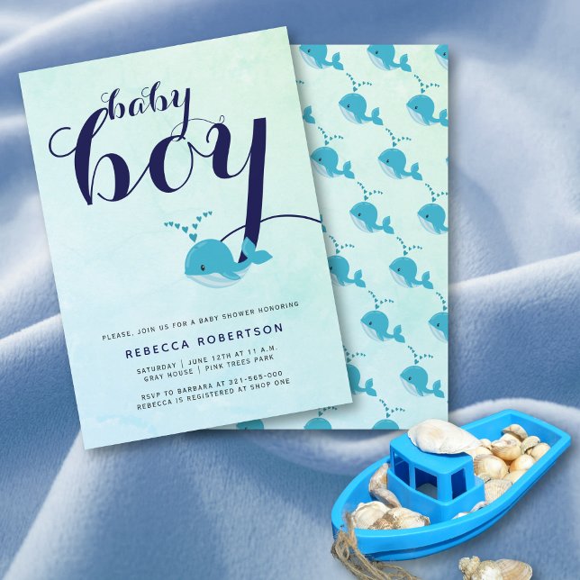 Blue whale navy typography ocean baby boy shower invitation (Creator Uploaded)