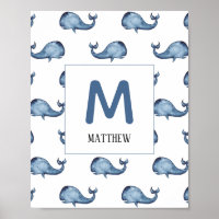 Blue whale nursery print. Baby boy monogram. Name