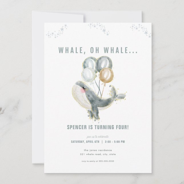 Blue Whale Oh Whale Birthday Invitation  (Front)