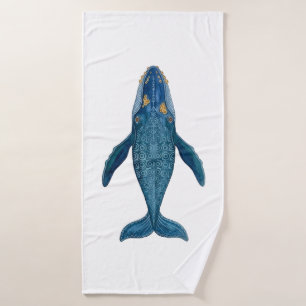 Blue Whale Overhead Ornamental Geometric Pattern Bath Towel Set