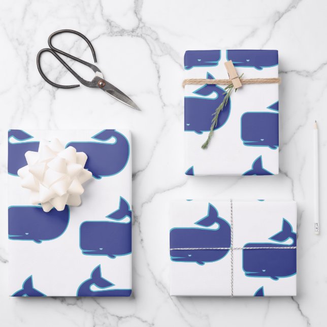 Blue Whale Pattern Coastal Nautical Ocean Pattern Wrapping Paper Sheet (Front)