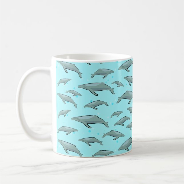Blue Whale Pattern on Bright Blue Background Coffee Mug (Left)