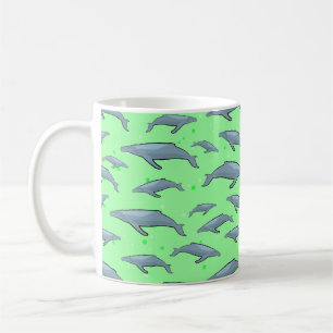 Blue Whale Pattern on Bright Green Background Coffee Mug