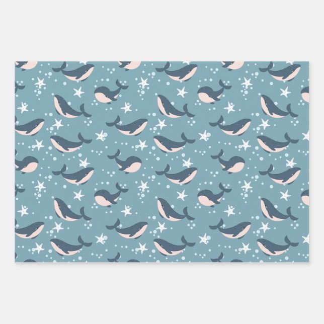 Blue Whale pattern Wrapping Paper Sheet (Front)