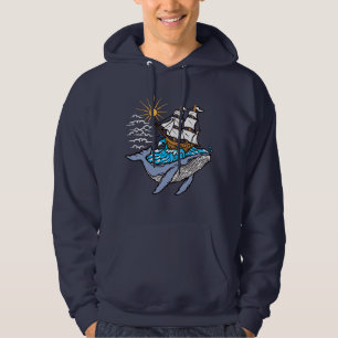 Blue Whale Sailing Ship Wave Nautical Theme Hoodie