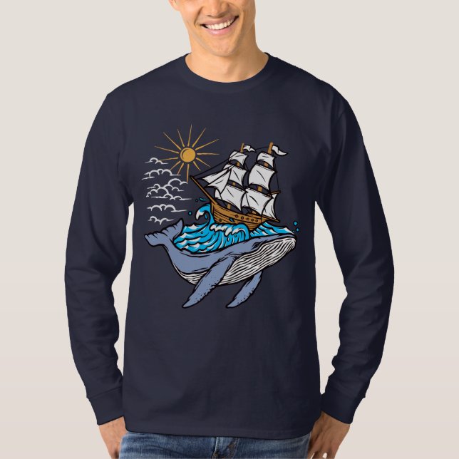 Blue Whale Sailing Ship Wave Nautical Theme  T-Shirt (Front)