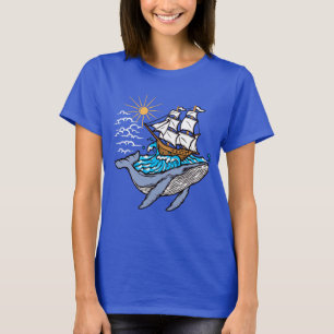 Blue Whale Sailing Ship Wave Nautical Theme T-Shirt