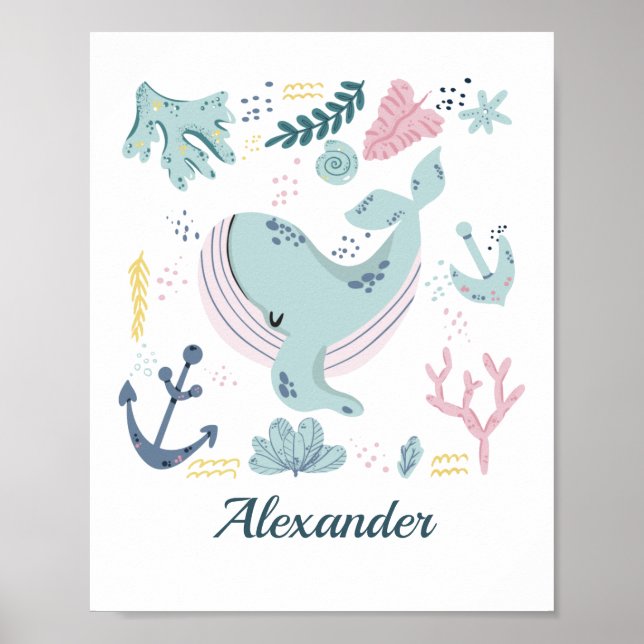 Blue Whale Sea Life Nursery Wall Art Baby Gift (Front)