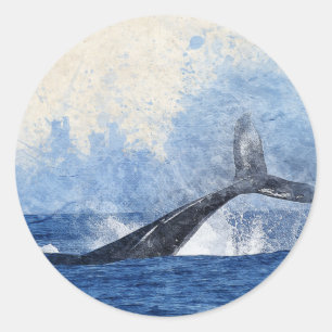 Blue Whale Splashing in Ocean Art Classic Round Sticker