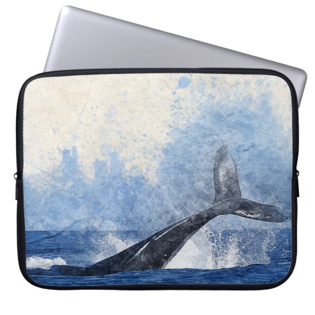 Blue Whale Splashing in Ocean Art Laptop Sleeve (Front)