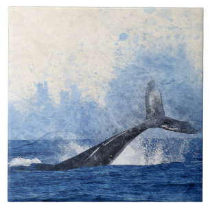 Blue Whale Splashing in Ocean Art Tile