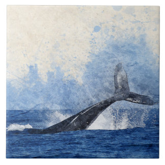 Blue Whale Splashing in Ocean Art Tile