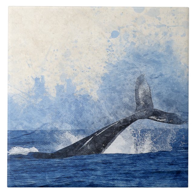 Blue Whale Splashing in Ocean Art Tile (Front)