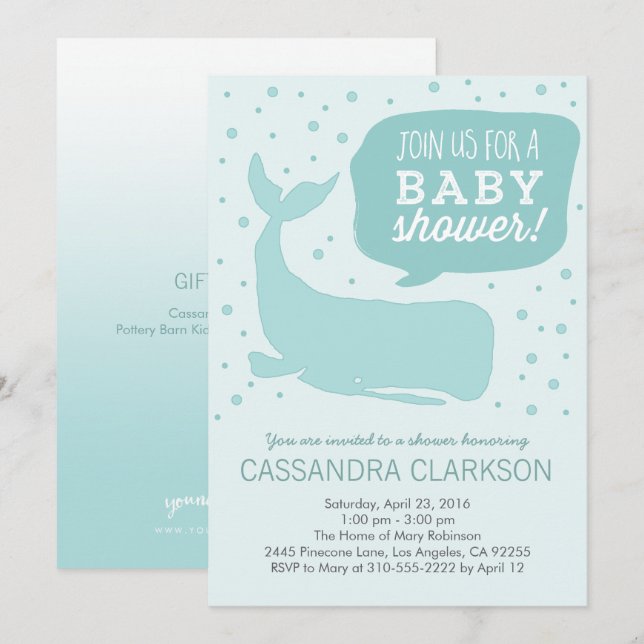 Blue Whale Stylish Baby Shower Invitations (Front/Back)